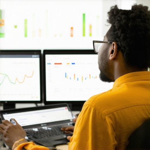 Digital marketer analyzing local SEO metrics and Anaheim map data on screens.