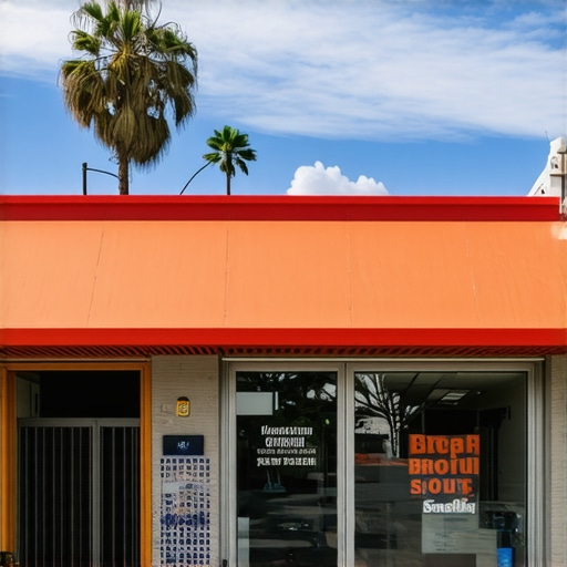 A virtual tour showcasing a Anaheim storefront with local landmarks in the background