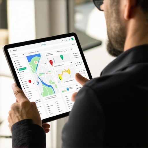 SEO expert analyzing Anaheim business data on a tablet with maps and analytics charts.