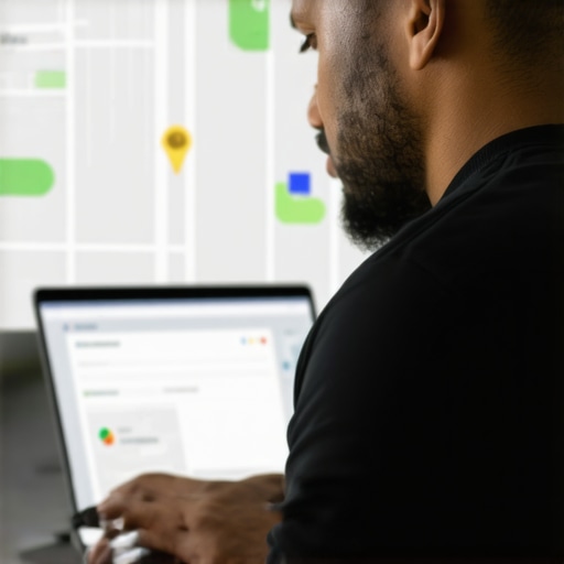 Anaheim Business Owner GMB Optimization Business owner updating Google My Business profile with Anaheim city map in background.