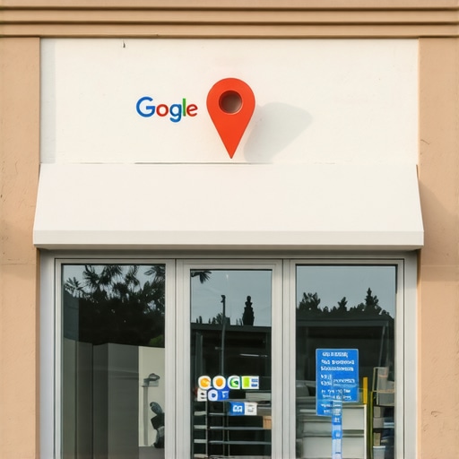 Shop front in Anaheim with Google Maps location pin