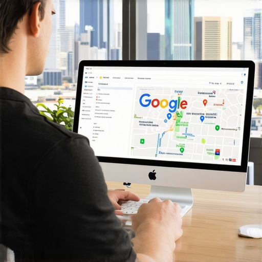 Business owner working on GMB profile with Anaheim skyline.