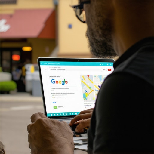 Business owner updating Google My Business profile outside Anaheim shop.