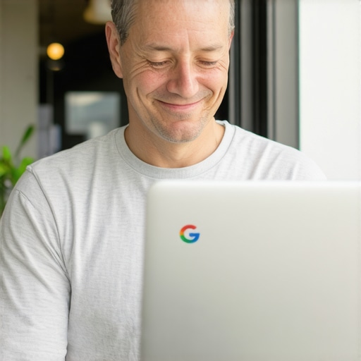 Business owner updating Google My Business profile with storefront in Anaheim background