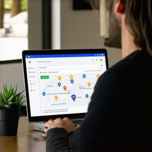 A person working on Google My Business optimization on a laptop with Anaheim map on background