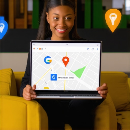 An Anaheim business owner updating their Google My Business profile on a laptop, surrounded by maps and local search icons.