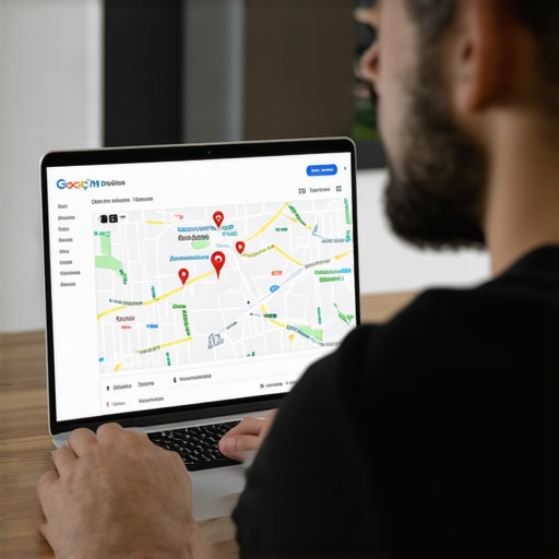 Business owner editing Google My Business profile on a laptop with maps open.