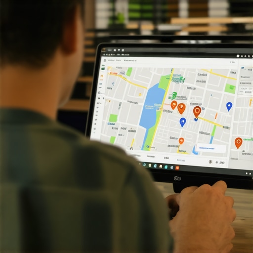 Shop owner reviewing local maps and SEO data in Anaheim