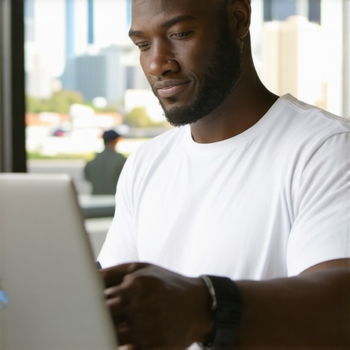 A small business owner updating Google My Business listing on a laptop with Anaheim city in background