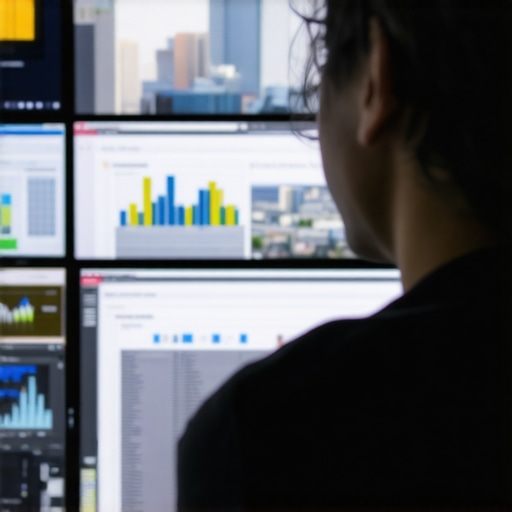 Person reviewing SEO analytics on computer screens with Anaheim city view