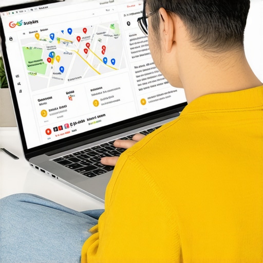 Person working on Google My Business profile on a laptop with maps and SEO icons.