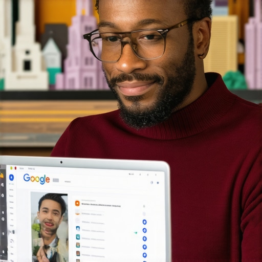 Business owner updating Google My Business profile with Anaheim landmarks visible in background.