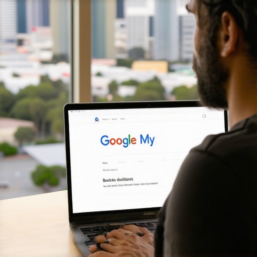 Business owner updating GMB profile with Anaheim background