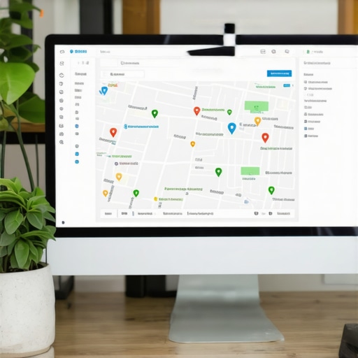 A professional workspace with monitors displaying SEO analytics, maps, and review dashboards, representing Anaheim local business optimization