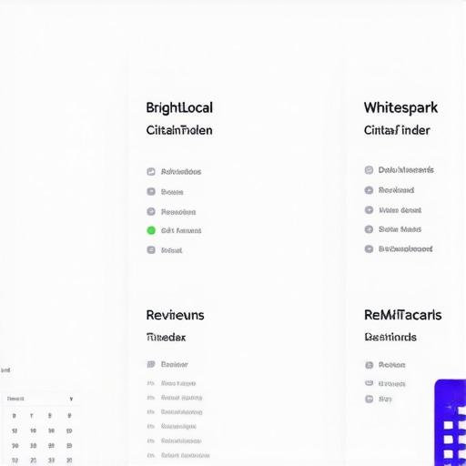 Screenshots of SEO tools like BrightLocal, Whitespark, ReviewTrackers, and SEMrush on a computer monitor.