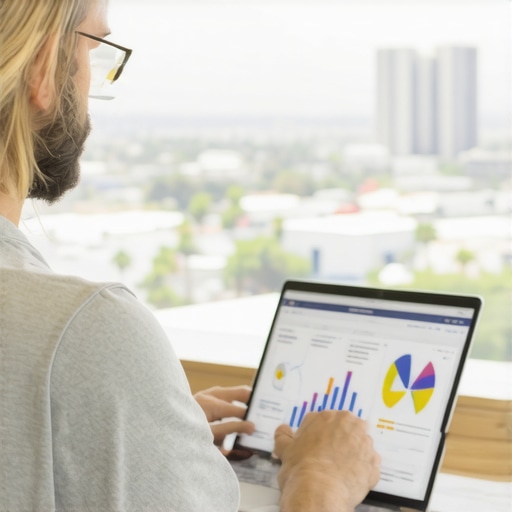 Business owner reviewing local SEO charts on a laptop with Anaheim skyline