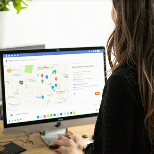 Person working on Google My Business profile with Anaheim map in background