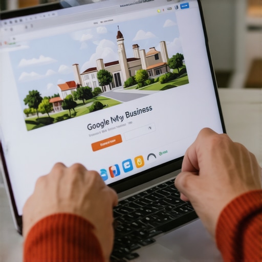 Person editing Google My Business profile on laptop with Anaheim landmarks in background