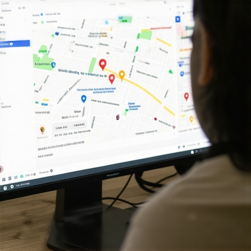 Business owner optimizing Google My Business profile on a computer, focusing on local maps.