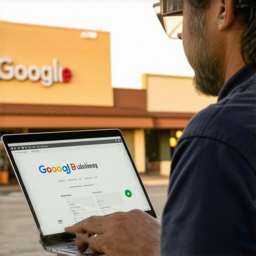 Business owner updating Google My Business profile on a laptop in Anaheim shop.
