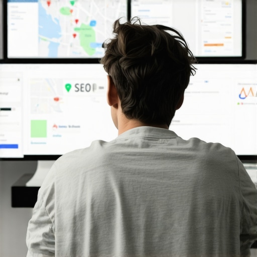 Person reviewing SEO analytics on screens showing Anaheim maps and rankings