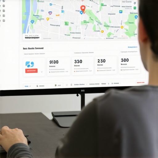 Person analyzing local SEO data on laptop with Anaheim map visuals.
