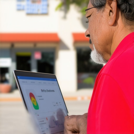 Business owner editing Google My Business profile on laptop beside storefront