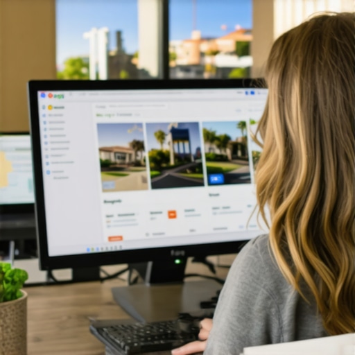 Person editing a Google My Business profile on a laptop with Anaheim landmarks in the background.
